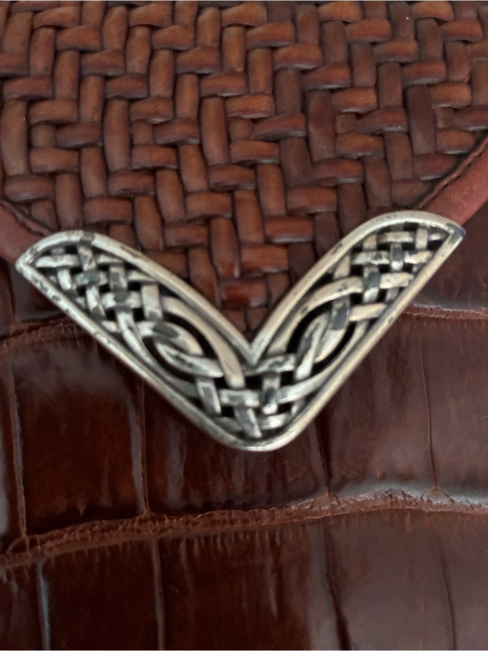 Brighton Cognac Brown Leather Basket Weave Crocodile Stamp  Mini Crossbody EUC - Picture 3 of 10